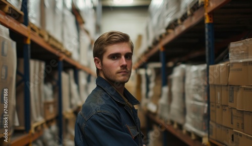 Young Caucasian male warehouse worker s portrait stored in factory