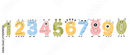 Set of funny cute monster numbers in cartoon style. Vector illustration. Drawing numbers monsters for birthday.
