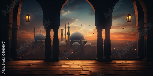 Ramadan kareem mosque colorful night lantern lighting  gradient mauled al nabi background illustration photo