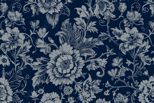 a blue and white floral pattern on a blue background