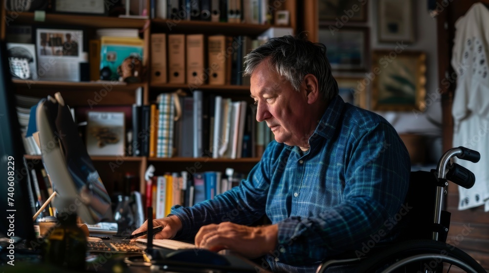 A focused man engrossed in digital reading, surrounded by a cozy home library filled with shelves of books and comfortable furniture A focused man engrossed in digital reading, surrounded by a cozy home library filled with shelves of books and comfortable furniture