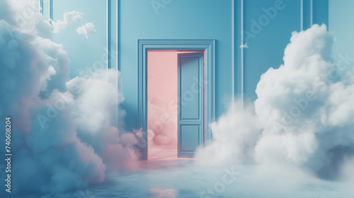 pink clouds and cumulus flying out the blue open door inside the empty room. Abstract metaphor, modern minimal concept.
