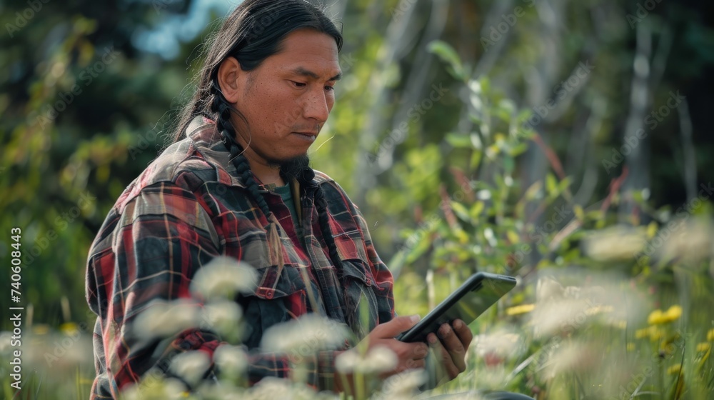 A man dressed in casual clothing sits among the lush green grass and vibrant flowers of a field, his eyes fixed on his tablet as he uses it to connect with the world while surrounded by nature