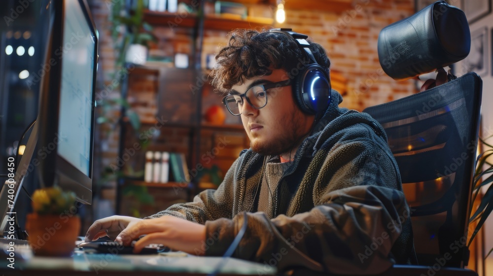 A focused man, surrounded by the hum of technology, sits indoors wearing headphones and typing on a keyboard as he immerses himself in the world of music and coding