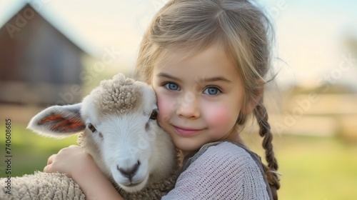 Portrait of a cute little toddler girl or female child smiling and standing next to the lamb animal on the farm in a countryside or village. Kid in a rural environment in summer or spring outdoors photo