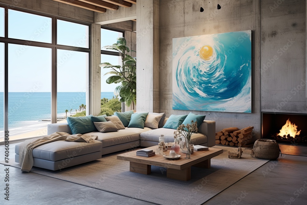 Fototapeta premium Coastal Art Loft: Stylish Living Room Interiors with Concrete Structures