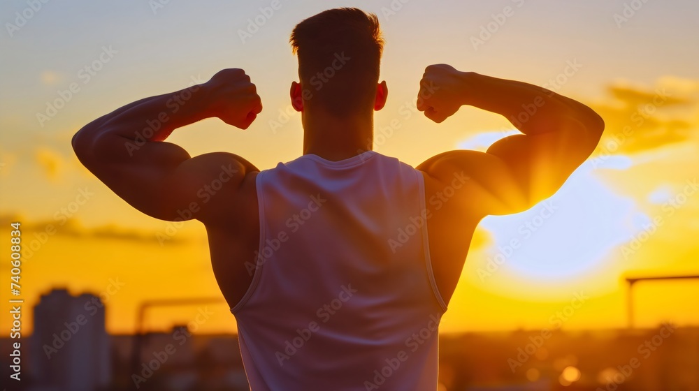 Closeup rearview of a young athletic and muscular man wearing a white t shirt and flexing his muscles during the golden hour sunset. Male bodybuilder showing off his strength outdoors, fitness guy