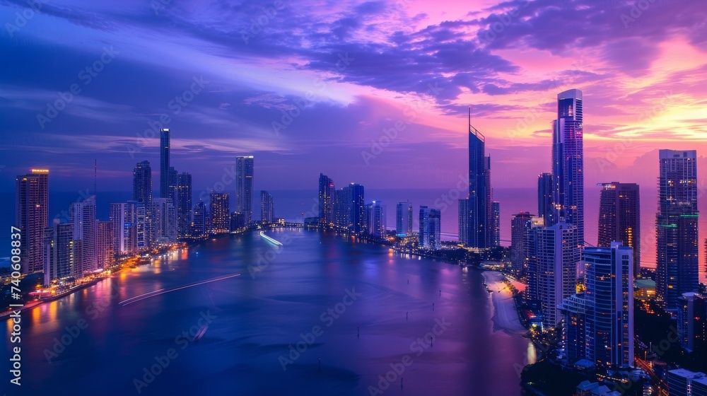 A mesmerizing urban oasis emerges as the city skyline is bathed in the warm glow of a pink sunset, casting reflections upon the tranquil waters below