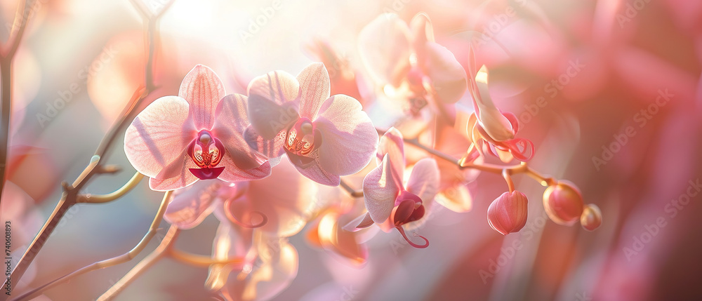 Fototapeta premium image of a delicate pink orchid in full bloom. Soft nature light