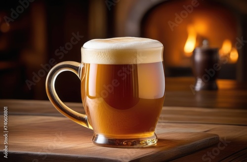 Amber beer with frothy head on bar counter, fireplace of cozy tavern in background