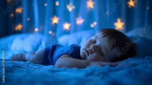 Side view of a beautiful and cute male toddler baby kid sleeping and resting at night in a dark room with blue and yellow glowing stars on the walls. Little newborn child sweet dreams, infant bedroom  photo