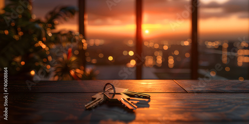 keys on a table within a new apartment,A window over the building showing the sunset.