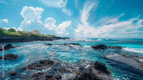 A tranquil tropical paradise awaits as the crystal blue waters kiss the rocky shore, framed by an endless azure sky and scattered clouds
