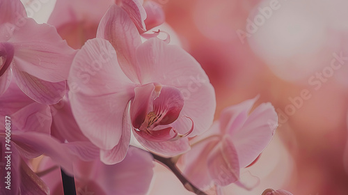 image of a delicate pink orchid in full bloom. Soft nature light