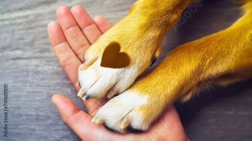 Top view of the dog with a brown heart shape on his paw, putting his paws in a human hand, symbolizing trust and loyalty of the pet to his owner forever. Man's best friends, animal care, togetherness © Nemanja