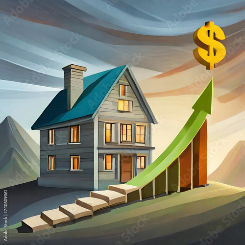 realistic interest rates increase in rates or decrease rates chart with dollar sign and house model real estate concept