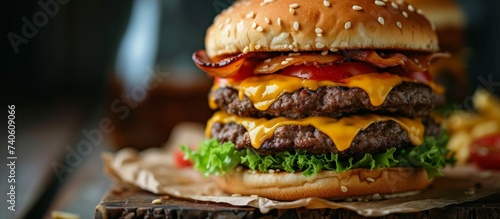 Delicious hamburger with melted cheese, juicy tomato, crisp lettuce on a sesame seed bun
