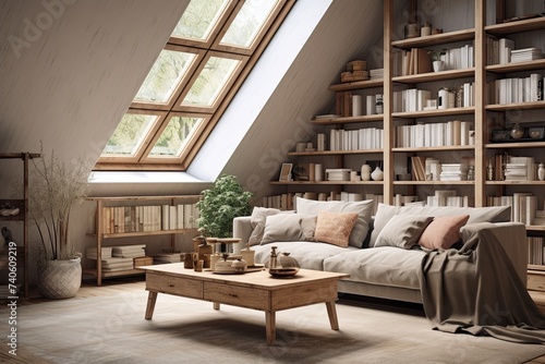 Serene Farmhouse Loft Living Room: Wooden Cabinet, Comfortable Textiles