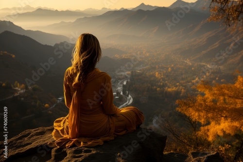Girl sitting on the top of mounting and enjoying yellow sunrise above sea