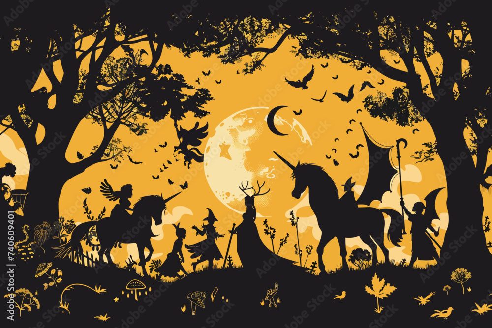 a halloween scene with silhouettes of witches and unicorns