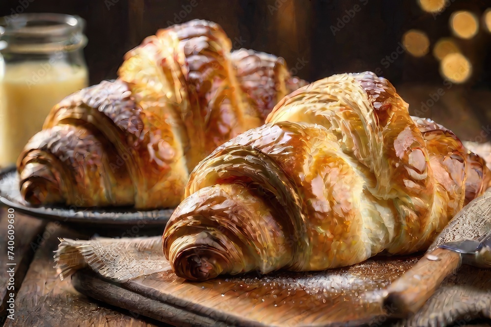 Croissant resting on a rustic wooden table Croissant resting on a rustic wooden table