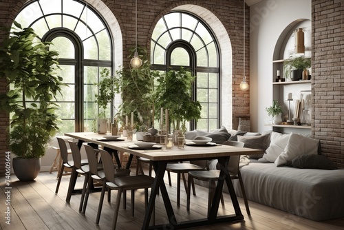 Nordic Plant Decor Loft: Mediterranean Dining Room Ideas with Arch Windows © Michael