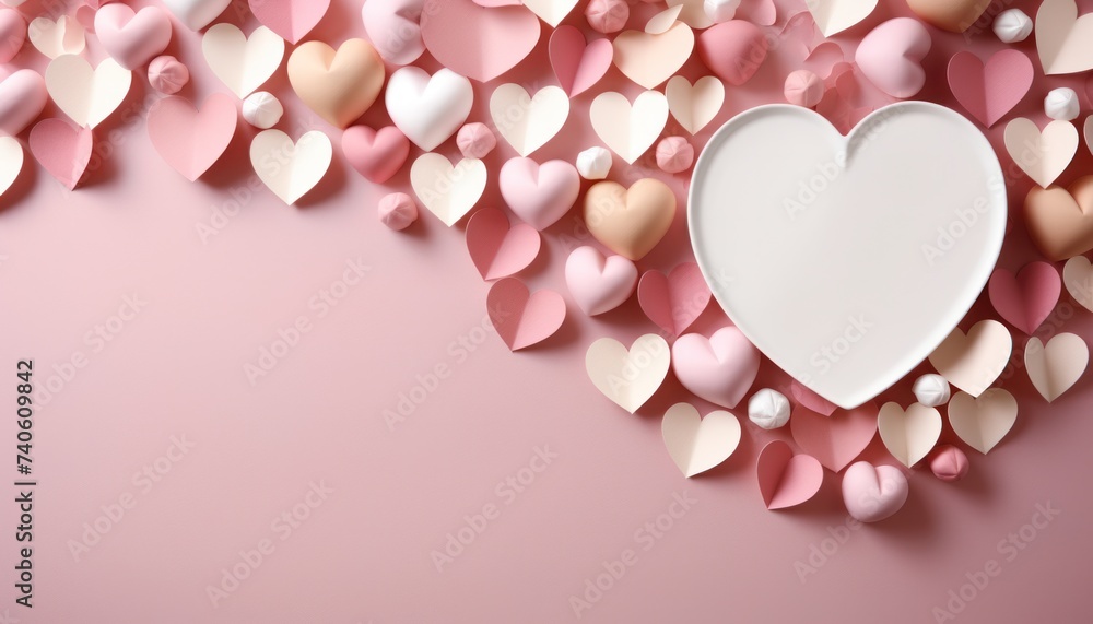 white paper heart decorated with pink paper hearts on a pink background
