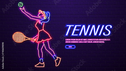 Neon tennis player girl with a racket and a ball on the background of a brick wall. A concept for sports betting.
