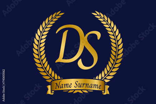 Initial letter D and S, DS monogram logo design with laurel wreath. Luxury golden calligraphy font.