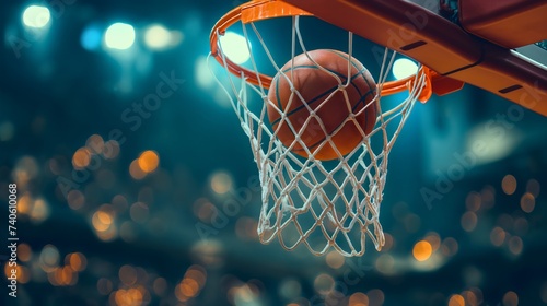 Closeup of an orange basketball ball passing through a rim or ring with a net, basketball indoors arena with a hoop and the backboard. Sphere or circle, round object for shooting and scoring in a gym