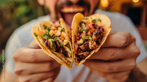Closeup of a young man smiling, opening his mouth to eat tacos that he is holding in his hands. Traditional Mexican or Spanish delicious food in a tortilla for a lunch meal in a restaurant.Happy male  photo