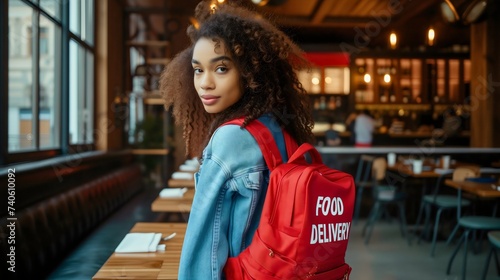 Beautiful young African American woman with curly hair wearing a red backpack with text "FOOD DELIVERY." Standing in a restaurant interior, waiting to takeaway prepared meals and deliver to customers 