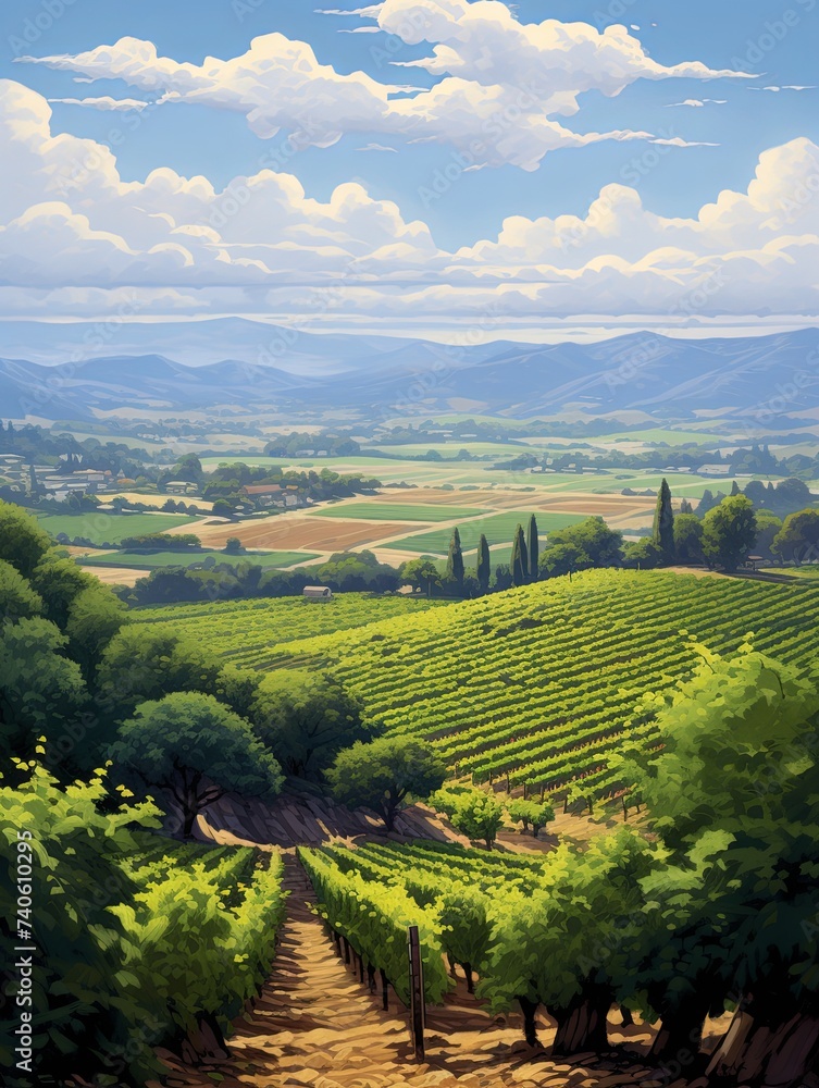 Lush Vineyard and Winery Artworks - Plateau Art Print with Expansive Views of Flat Vineyards