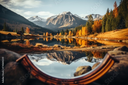 Reflection of mountains and lake in the mirror. Autumn landscape