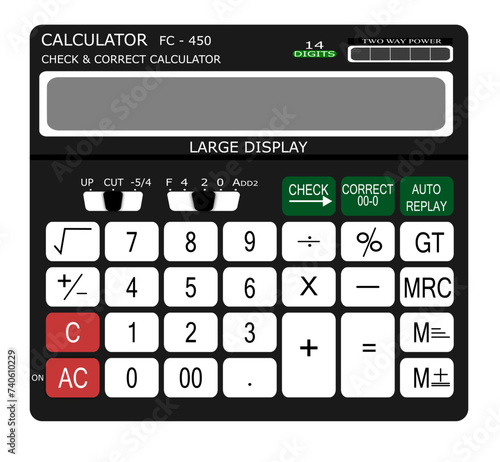 A black color standard calculator isolated on a white background. It is designed for basic arithmetic operations such as addition, subtraction, multiplication, and division.