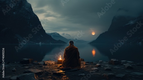 Mountain Solitude  Monk s Lakeside Meditation