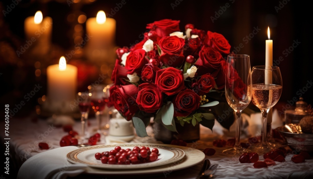 table setting and roses, in the style of mood lighting, romantic emotivity