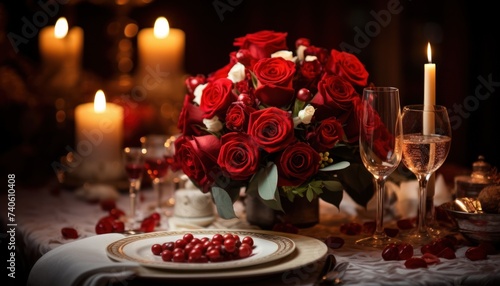 table setting and roses  in the style of mood lighting  romantic emotivity