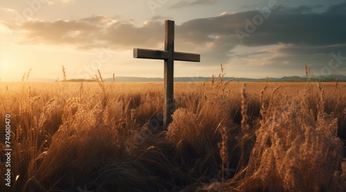 the cross standing in front of a field of grass photo
