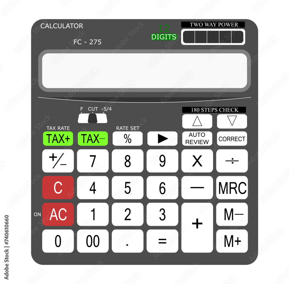 A standard calculator isolated on a white background. It is designed for basic arithmetic operations such as addition, subtraction, multiplication, and division. A standard calculator isolated on a white background. It is designed for basic arithmetic operations such as addition, subtraction, multiplication, and division.