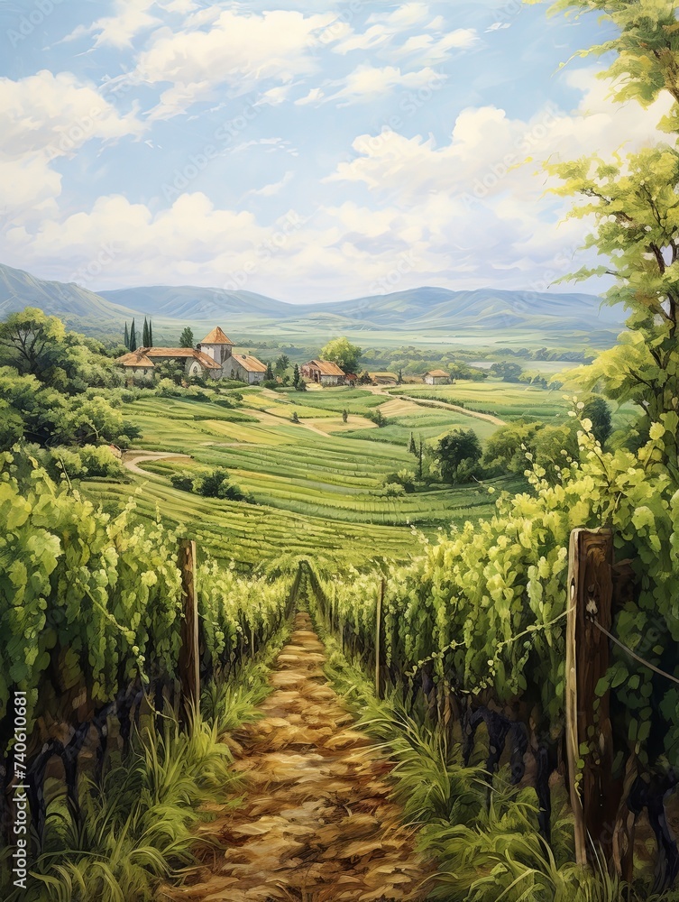 Lush Vineyard Vintage Painting: Winery Artworks and Wall Art in Grapevine Fields