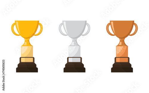 gold silver and bronze trophy cup in cartoon flat illustration isolated on white background