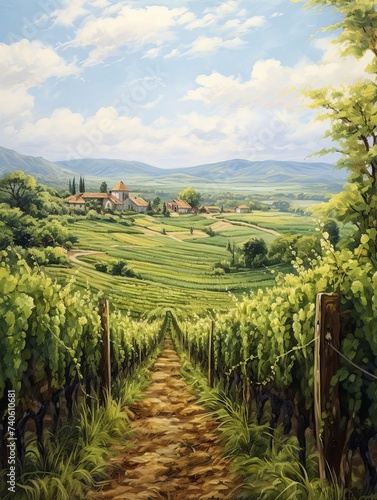 Lush Vineyard Vintage Painting: Winery Artworks and Wall Art in Grapevine Fields