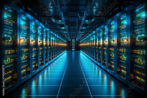 Server room with rows of rack-mounted servers. Supercomputer or mainframe. Data center. Cloud computing and big data storage