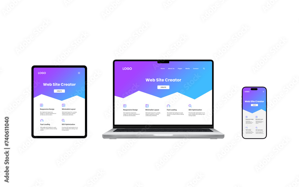 Laptop, tablet, and phone displays feature responsive website creator interfaces, demonstrating adaptability across devices for seamless design experiences