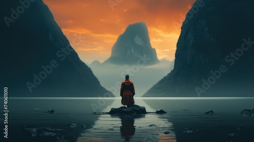 Mountain Solitude: Monk's Lakeside Meditation