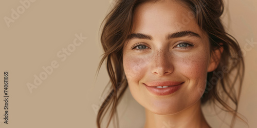 Young beautiful smiling model with brunette hair and freckles looking at camera isolated over beige background. Beauty portrait. Generative AI..