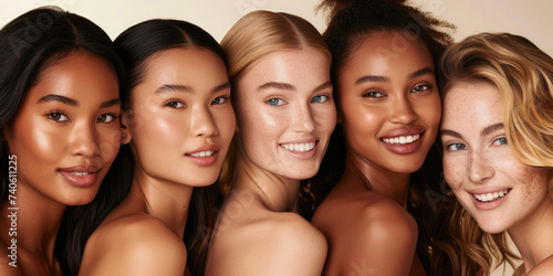 A diverse multiracial group of beautiful female fashion models with natural beauty and glowing smooth skin. Face shot of multiple women of all races. Generative AI. photo