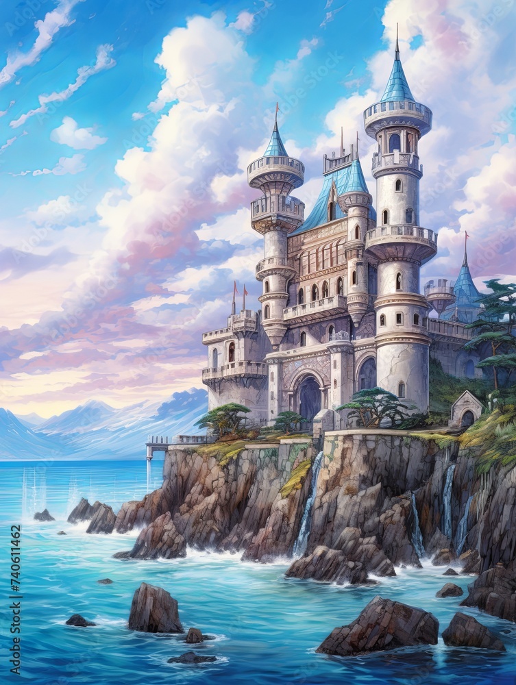 Majestic Sea Palaces: Castle by the Ocean, Palace Landscapes Art Print