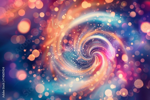 Abstract colorful light spiral background with bokeh effect and light particles
